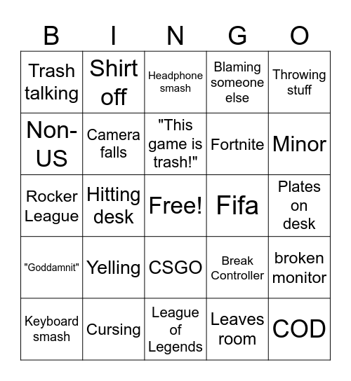 GAMER RAGE Bingo Card