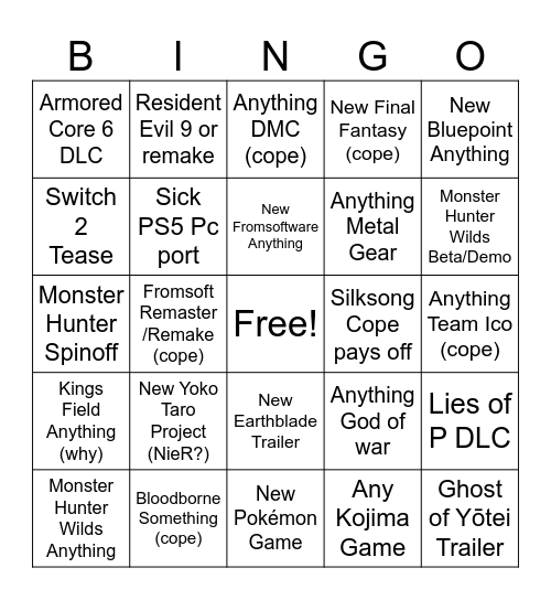 TGA 24 Bingo Card