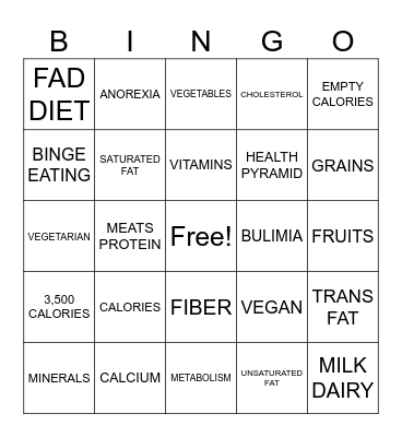 Nutrition Unit Vocabulary Bingo Card