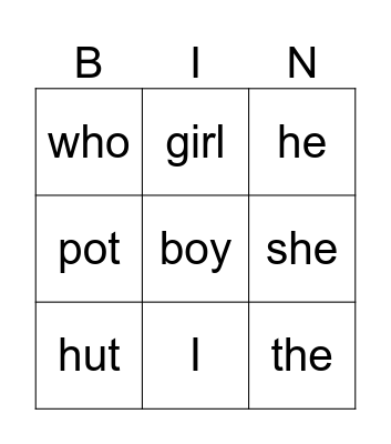 sight words Bingo Card