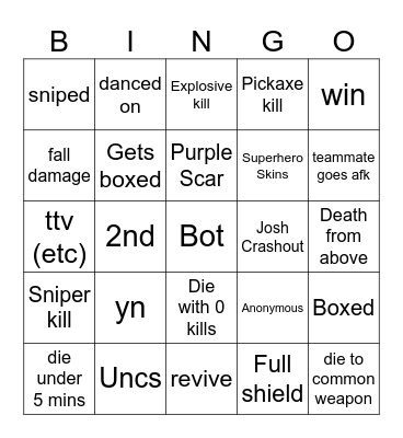 Fortnite Bingo Card