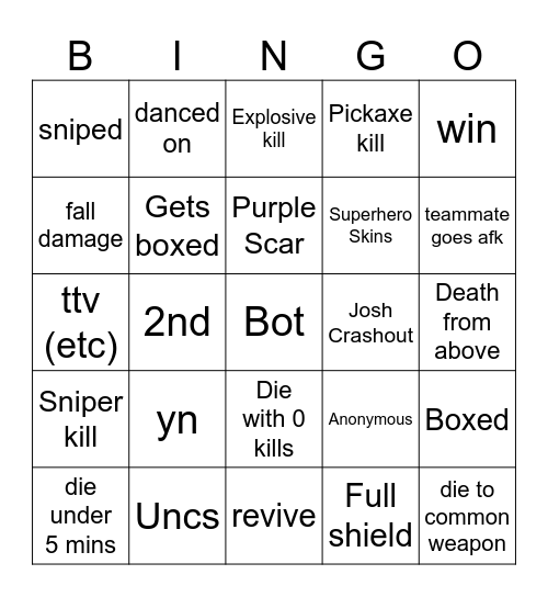 Fortnite Bingo Card