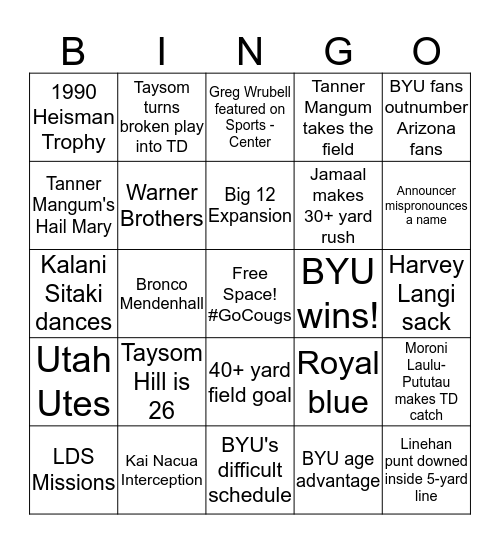 BYU vs. Arizona Commentary Bingo Card