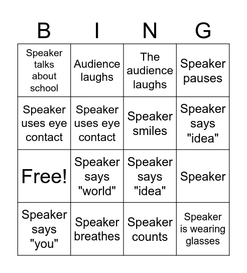 Public Speaking Bingo Card