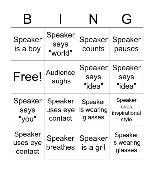 Public Speaking Bingo Card