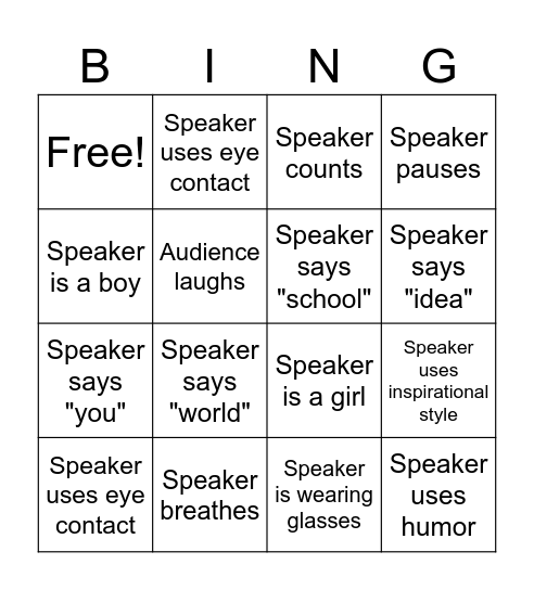 Public Speaking Bingo Card