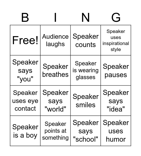 Public Speaking Bingo Card