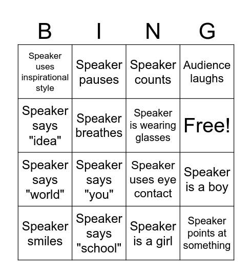 Public Speaking Bingo Card