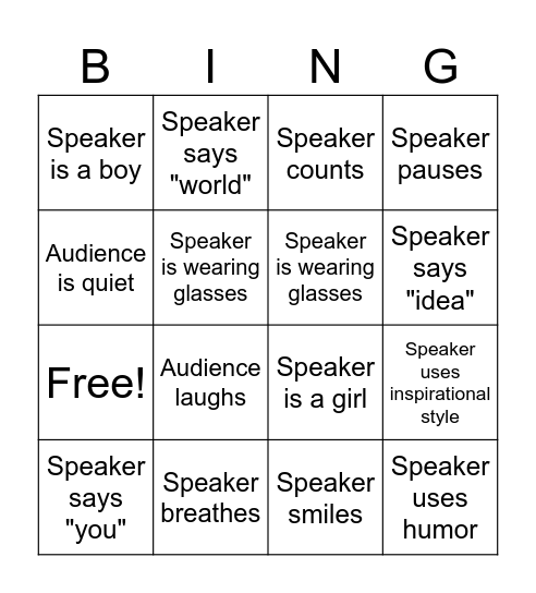 Public Speaking Bingo Card