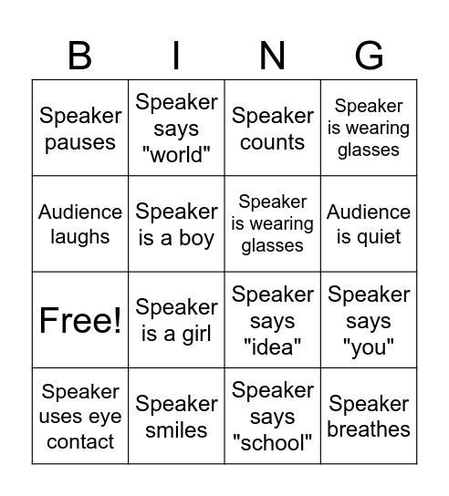 Public Speaking Bingo Card