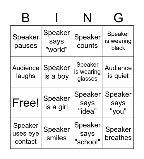 Public Speaking Bingo Card