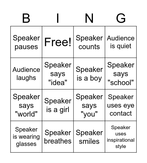 Public Speaking Bingo Card