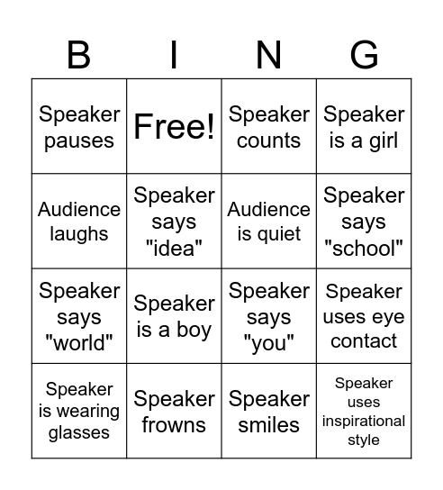 Public Speaking Bingo Card