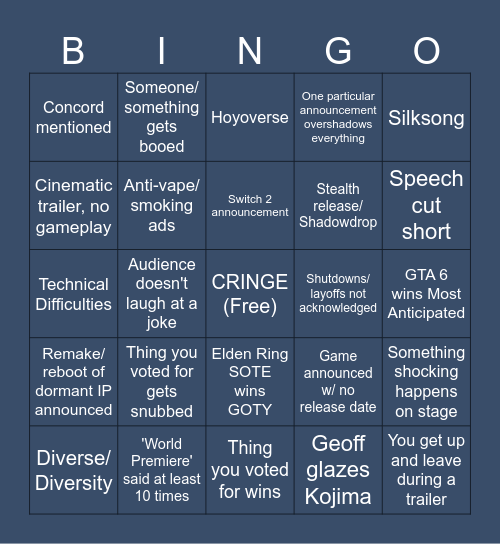 The Game Awards 2024 Bingo Card