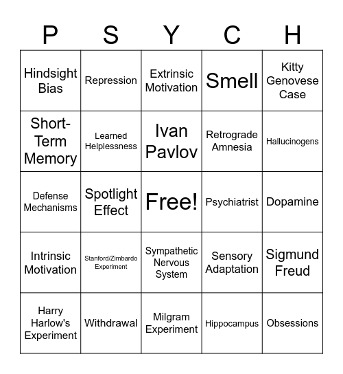 Psychology Club PSYCH (Bingo) Bingo Card