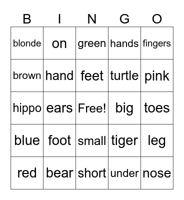 BODY PARTS BINGO Card