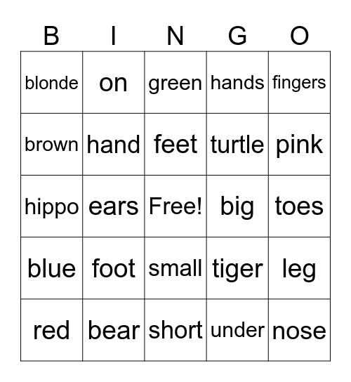BODY PARTS BINGO Card