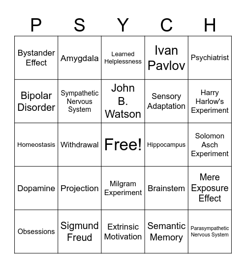 Psychology Club PSYCH (Bingo) Bingo Card