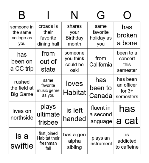 Habitat Officer Bingo Card