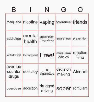 Alcohol and Drug Prevention Bingo Card