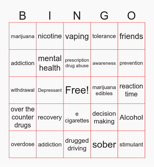 Alcohol and Drug Prevention Bingo Card