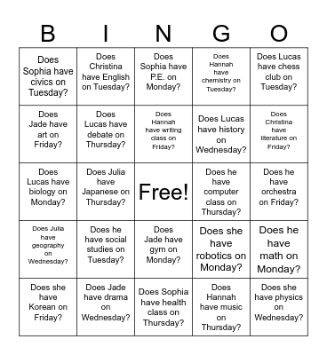 School Subjects Does he have? Bingo Card