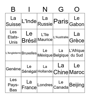 Les Pays et les villes Bingo Card