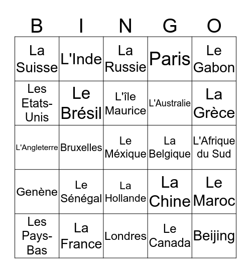 Les Pays et les villes Bingo Card