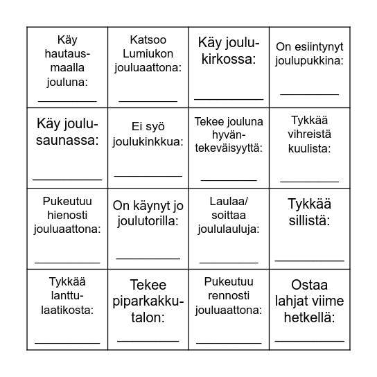 Jouluruudukko: Kerää nimi jokaiseen kohtaan Bingo Card