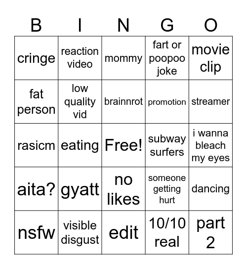 Youtube shorts Bingo Card