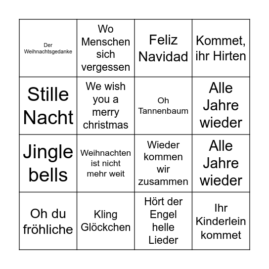 Weihnachtslieder-Bingo Card