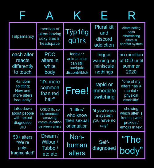 DID Faker Bingo! Bingo Card