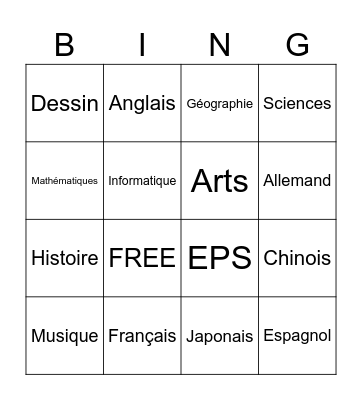 Subjects in French Bingo Card