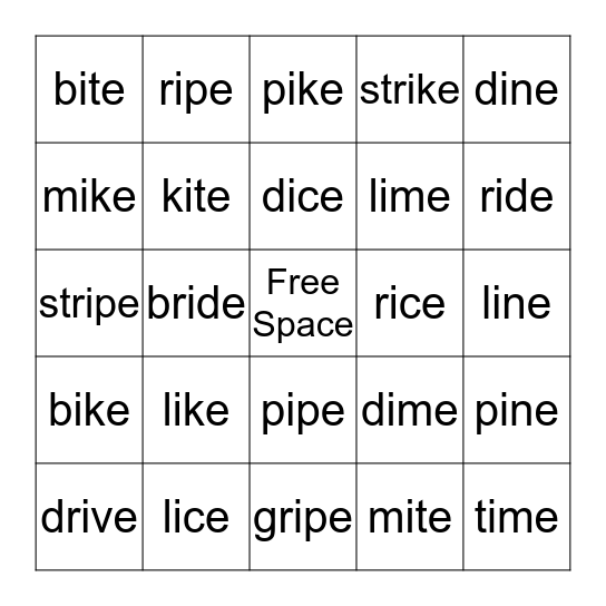 Magic E Bingo Card