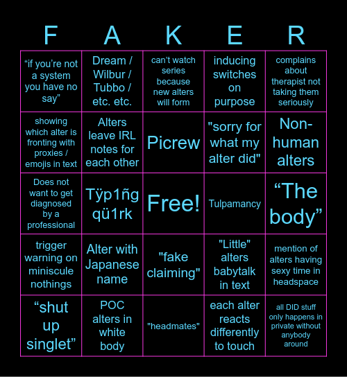 DID Faker Bingo! Bingo Card