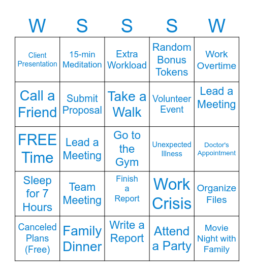 Work Life Balance Bingo Card