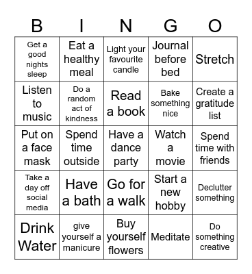 Self Care Bingo Card