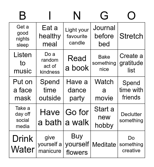 Self Care Bingo Card