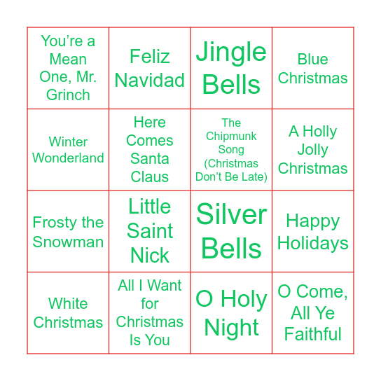 Chtristmas Song Bingo Card