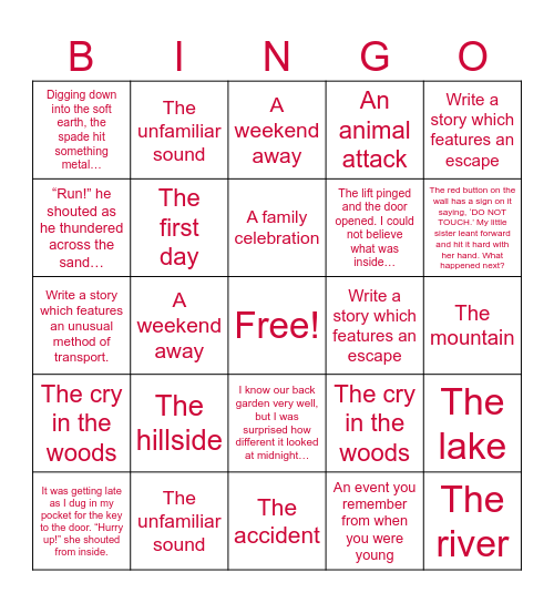 Creative Writing! Bingo Card