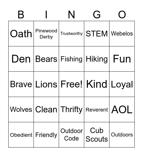 Cub Scout Bingo Card