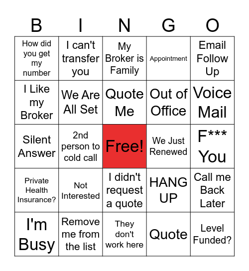 Cold Call Bingo Card