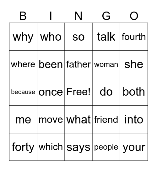 Heart Words Bingo Card