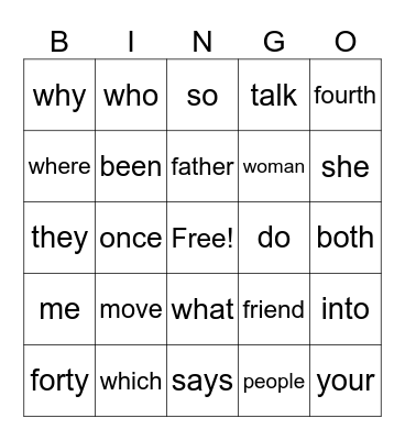 Heart Words Bingo Card