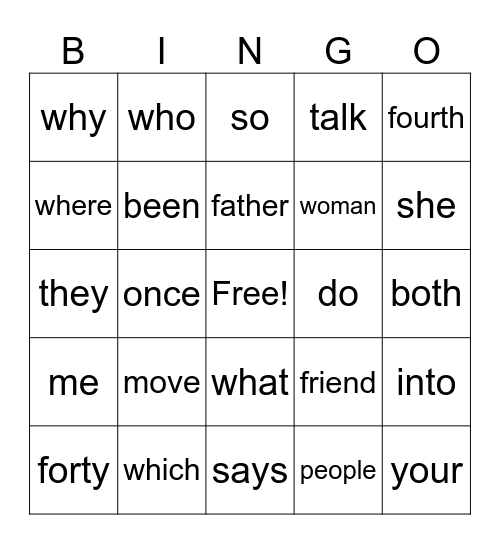 Heart Words Bingo Card