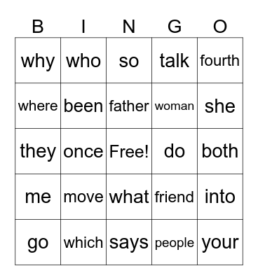 Heart Words Bingo Card