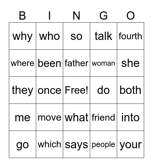 Heart Words Bingo Card