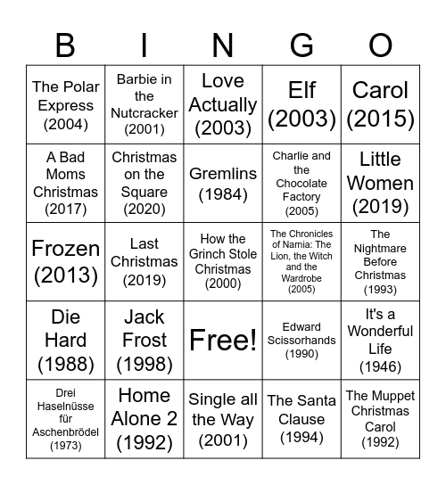 ADVANCED LEVEL CHRISTMAS MOVIE Bingo Card