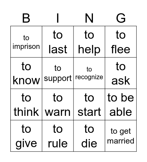 BING!  verbs unit 2b Bingo Card