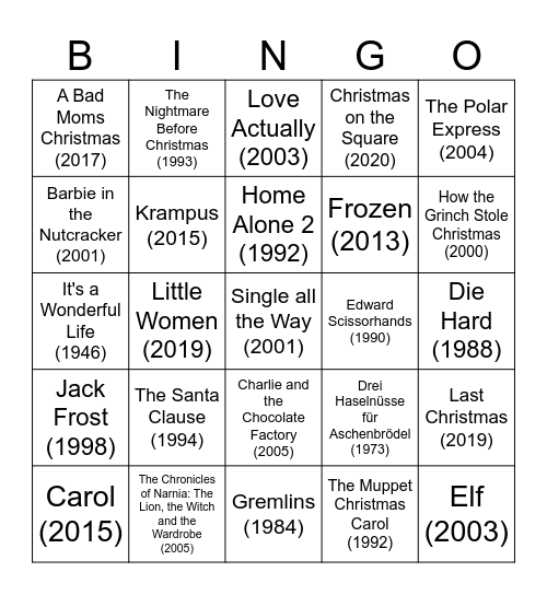 Christmas Movie Bingo Card